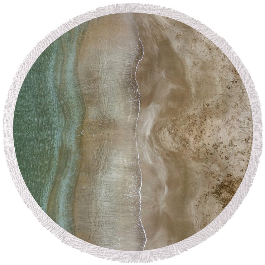Golden Sand Round Beach Towel featuring the photograph Aerial view drone of empty tropical sandy beach with golden sand. Seascape background by Michalakis Ppalis