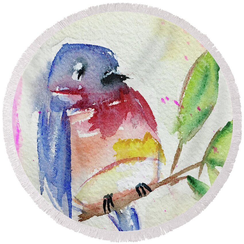 Watercolor Round Beach Towel featuring the painting Bluebird on a Branch by Roxy Rich