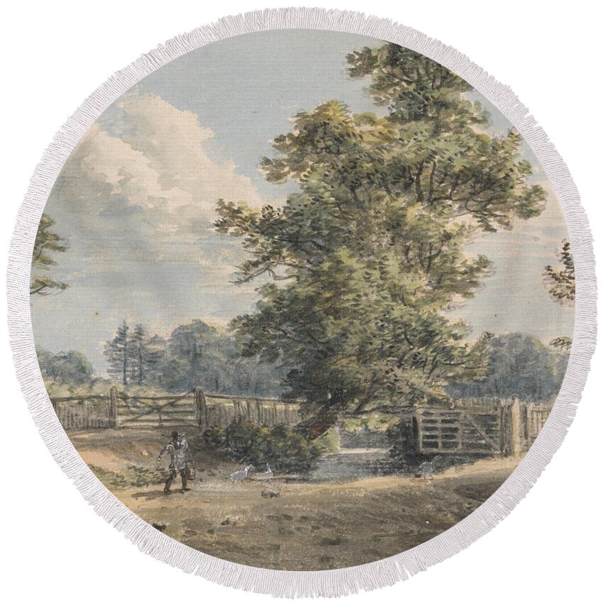 Paul Sandby Round Beach Towel featuring the drawing Brook End, Essex #3 by Paul Sandby