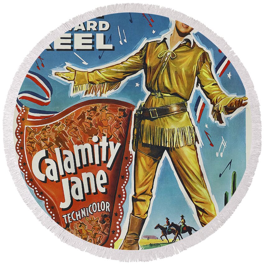 Doris Day Round Beach Towel featuring the mixed media ''Calamity Jane'' - 1953 by Stars on Art