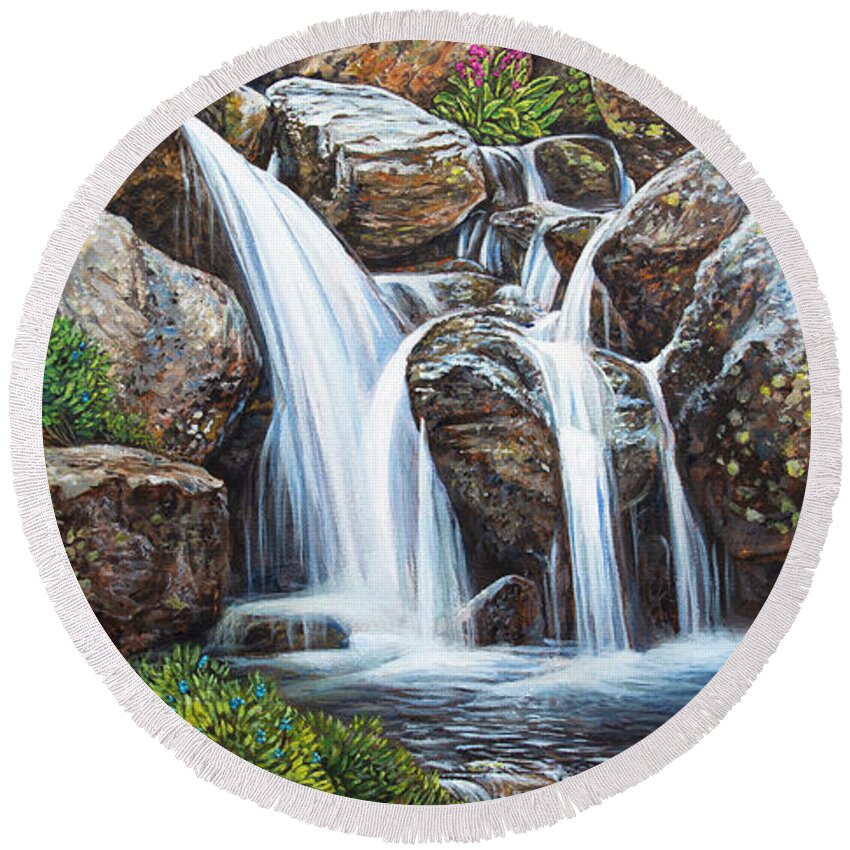 Waterfall Round Beach Towel featuring the painting Flowing #1 by Aaron Spong