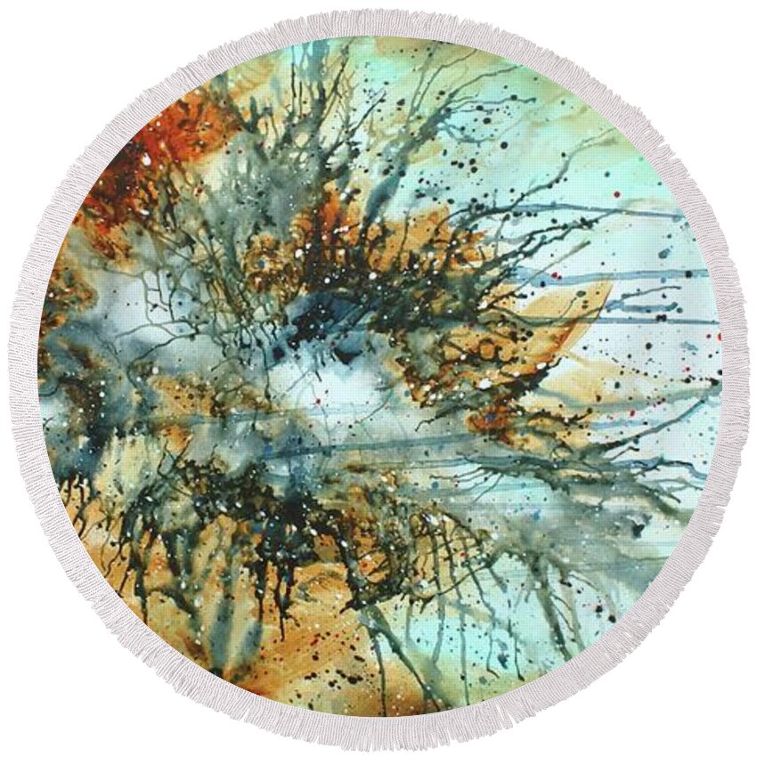 Abstract Round Beach Towel featuring the painting Impact #2 by Michael Lang