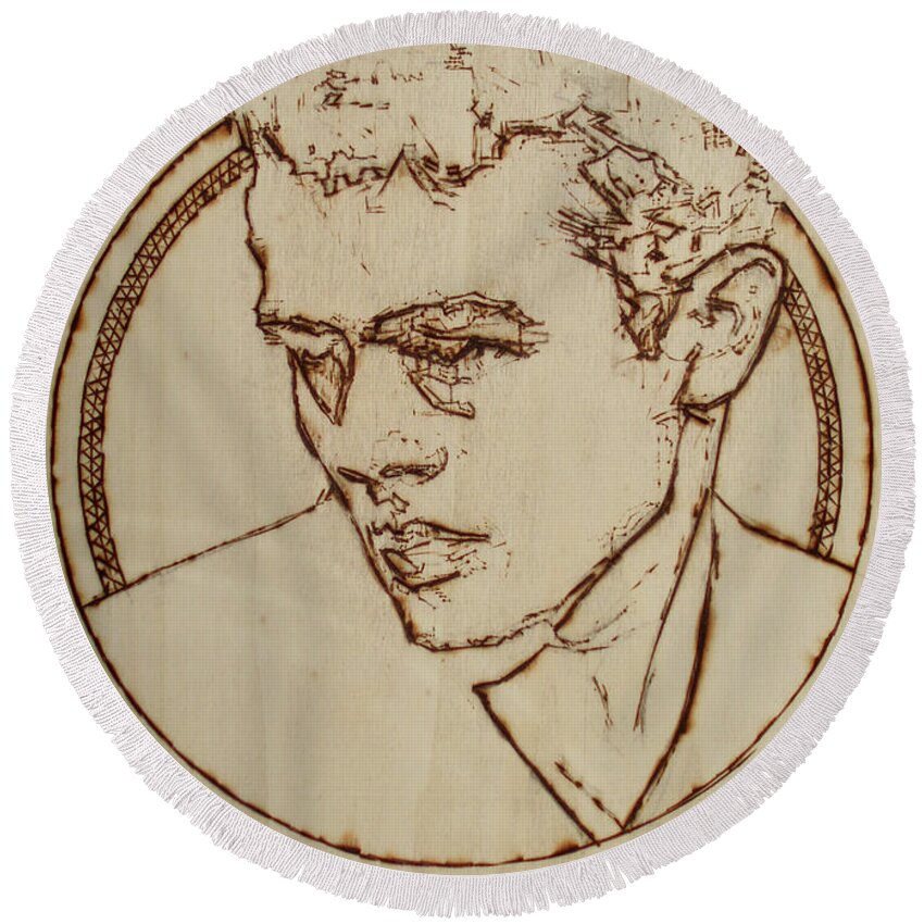 Pyrography Round Beach Towel featuring the pyrography James Dean #1 by Sean Connolly