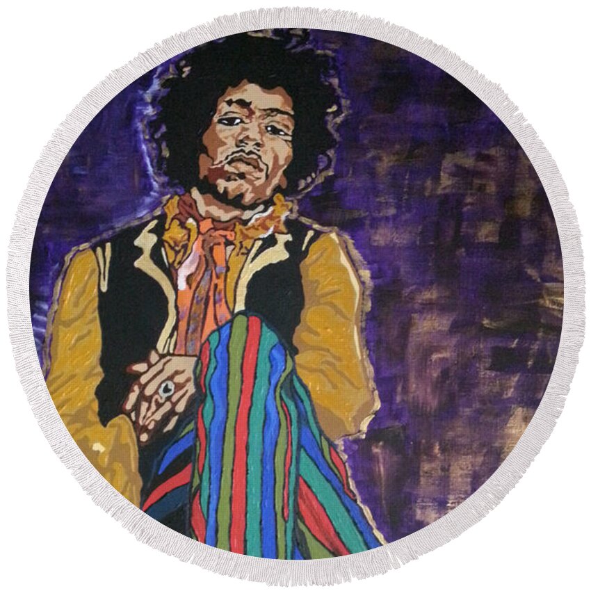 Jimi Hendrix Round Beach Towel featuring the painting Jimi #2 by Rachel Natalie Rawlins