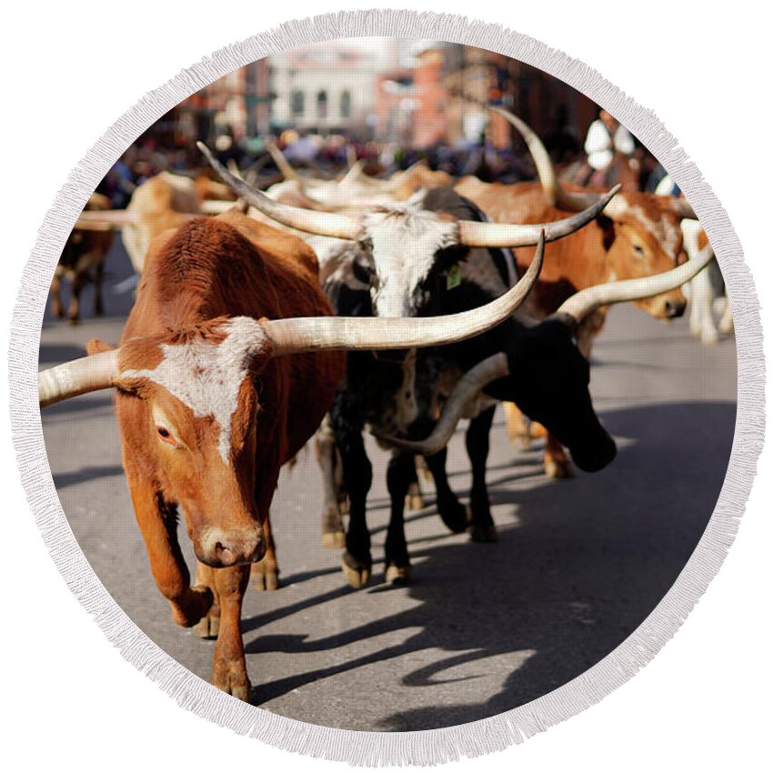 Human Interest Round Beach Towel featuring the photograph Longhorn Steer in downtown Denver #2 by Rick Wilking