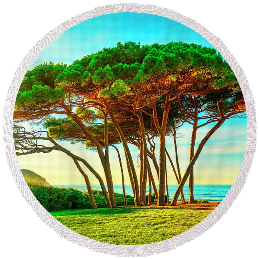 Baratti Round Beach Towel featuring the photograph Maritime Pine tree group near sea and beach. Baratti, Tuscany. by Stefano Orazzini