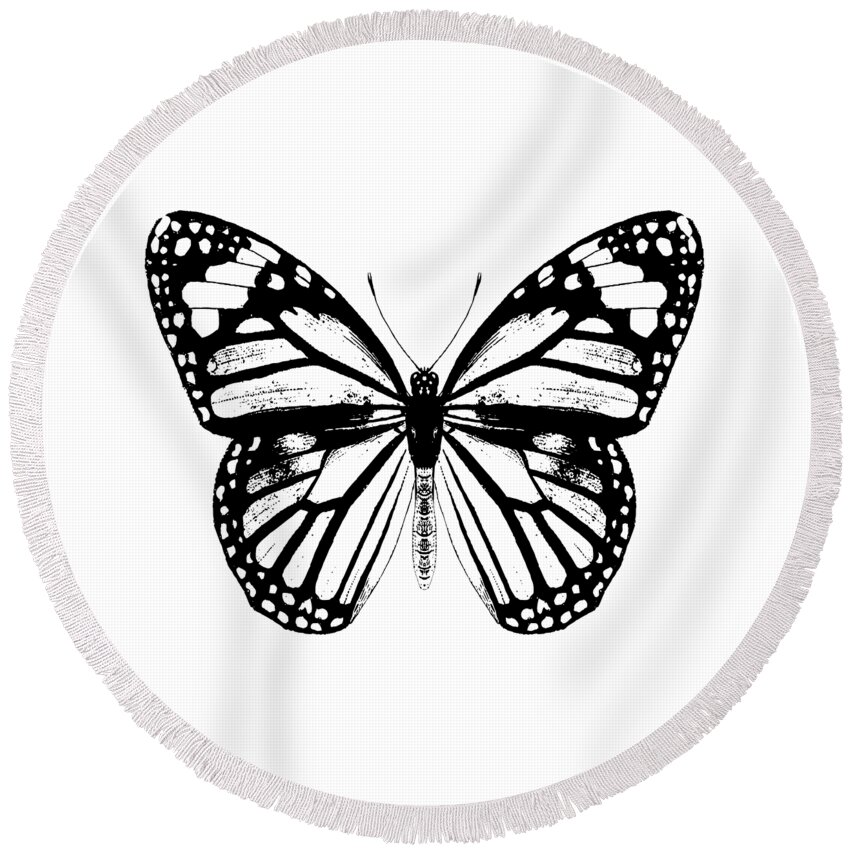 Monarch Butterfly Round Beach Towel featuring the digital art Monarch Butterfly - Black and White by Eclectic at Heart