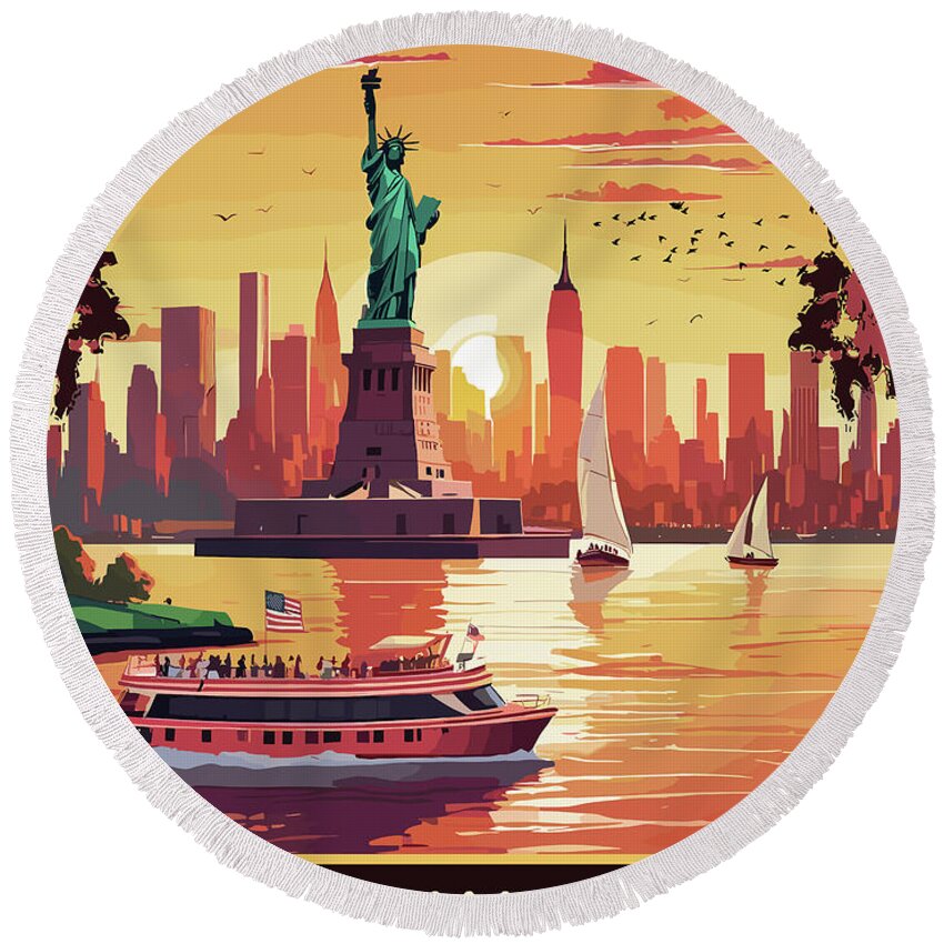 New York Round Beach Towel featuring the digital art New York, Statue of Liberty #2 by Long Shot