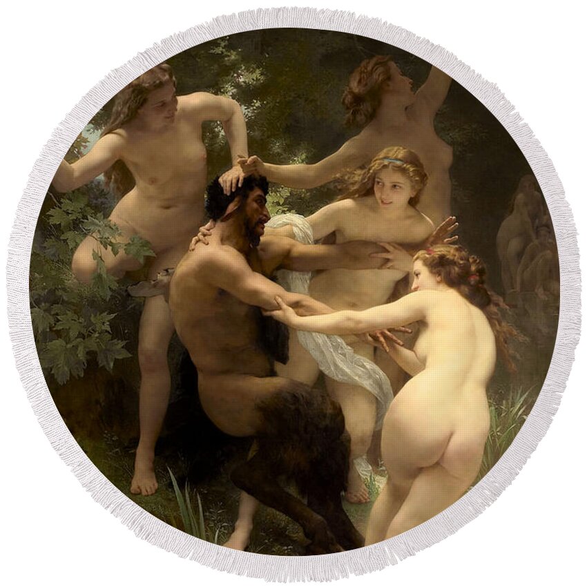 William Adolphe Bouguereau Round Beach Towel featuring the painting Nymphs and Satyr #8 by William Adolphe Bouguereau