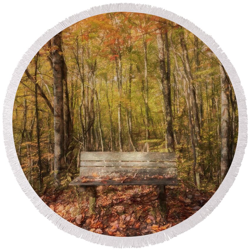 Fall Round Beach Towel featuring the photograph Old Bench in the Fallen Leaves Creeper Trail in Autumn Fall Colo #2 by Debra and Dave Vanderlaan