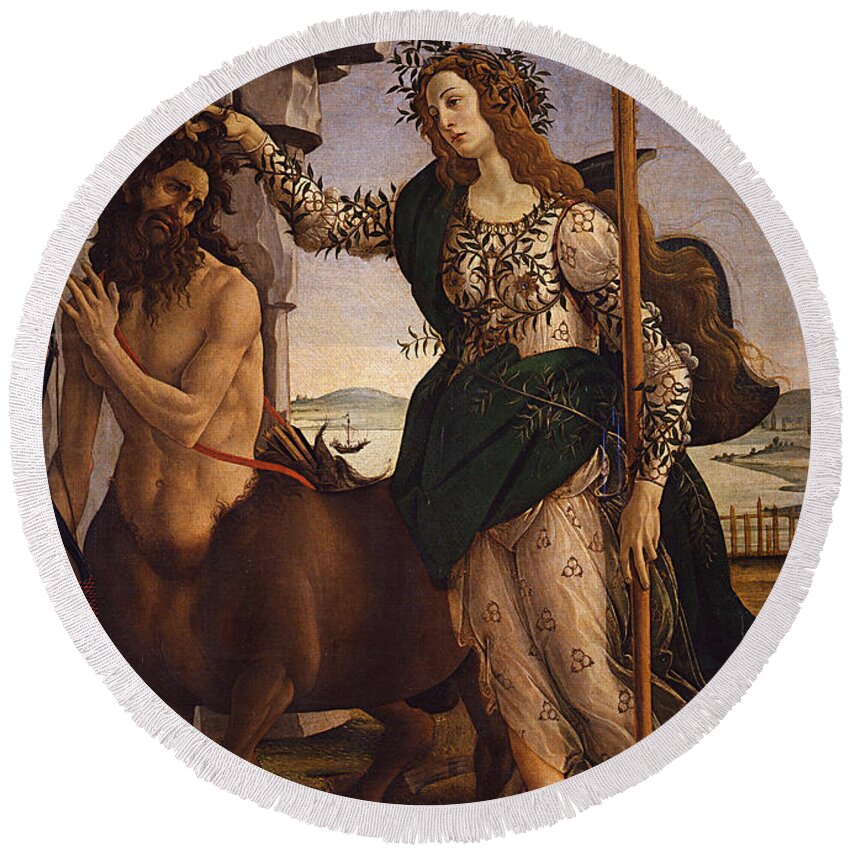 Sandro Botticelli Round Beach Towel featuring the painting Pallas and the Centaur #2 by Sandro Botticelli