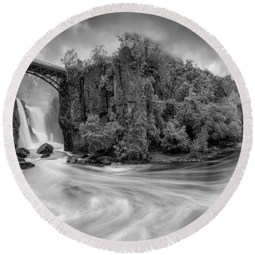 Great Falls Round Beach Towel featuring the photograph Paterson NJ Great Falls BW by Susan Candelario