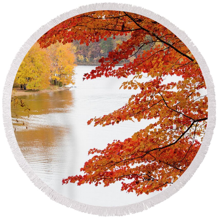 Gaithersburg Round Beach Towel featuring the photograph Peaking autumn colors around the lake at Seneca Creek State Park #2 by William Kuta