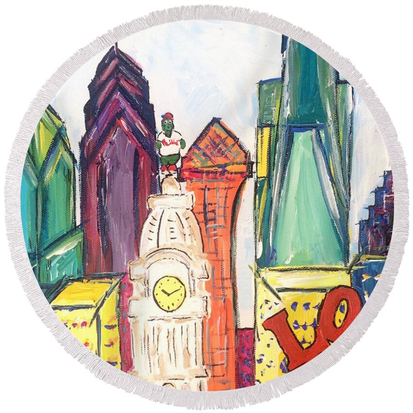 Philly Round Beach Towel featuring the painting Philadelphia Skyline with Eagles by Britt Miller