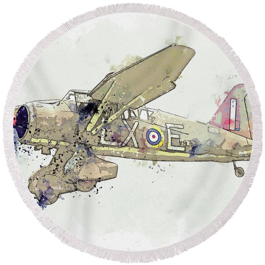 Plane Round Beach Towel featuring the painting RAF Westland Lysander V G-CCOM Vintage Aircraft - Classic War Birds - Planes watercolor by Ahmet Asa #2 by Celestial Images