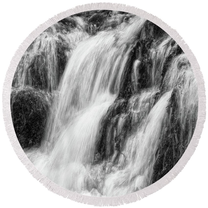 Black And White Round Beach Towel featuring the photograph Rushing Water #2 by Phil Perkins