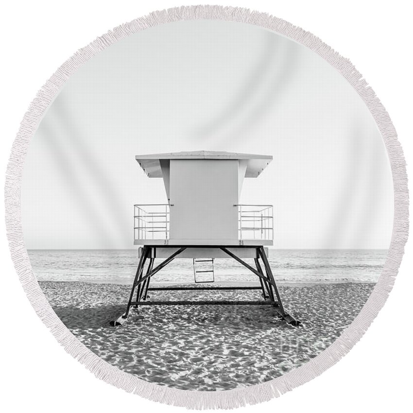 America Round Beach Towel featuring the photograph Santa Cruz Lifeguard Station Black and White Photo #2 by Paul Velgos