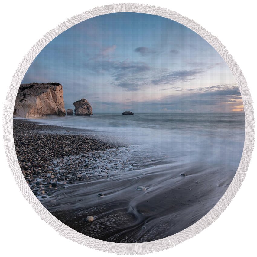 Seascape Round Beach Towel featuring the photograph Seascape with windy waves and moody sky during sunset #3 by Michalakis Ppalis