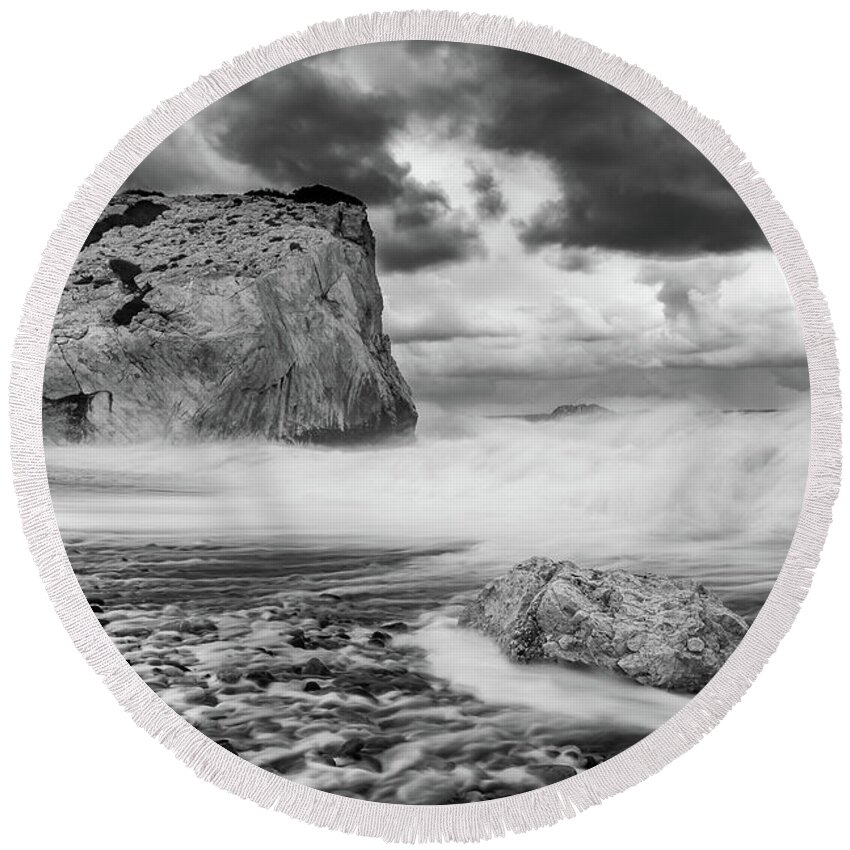 Seascape Round Beach Towel featuring the photograph Seascape with windy waves during stormy weather. #2 by Michalakis Ppalis