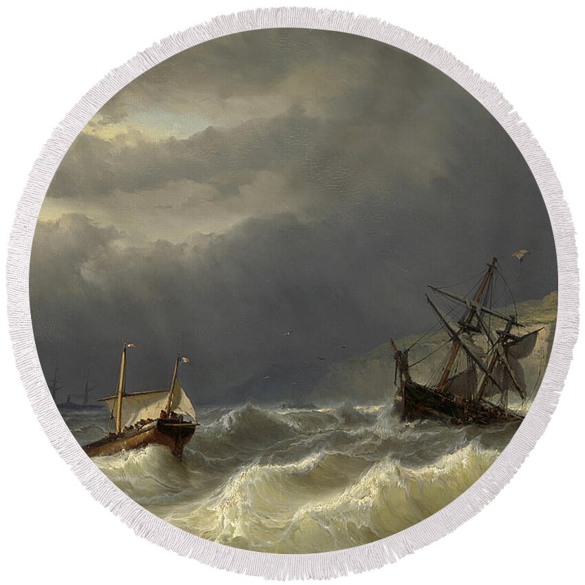 Louis Meijer Round Beach Towel featuring the painting Storm in the Strait of Dover #3 by Louis Meijer