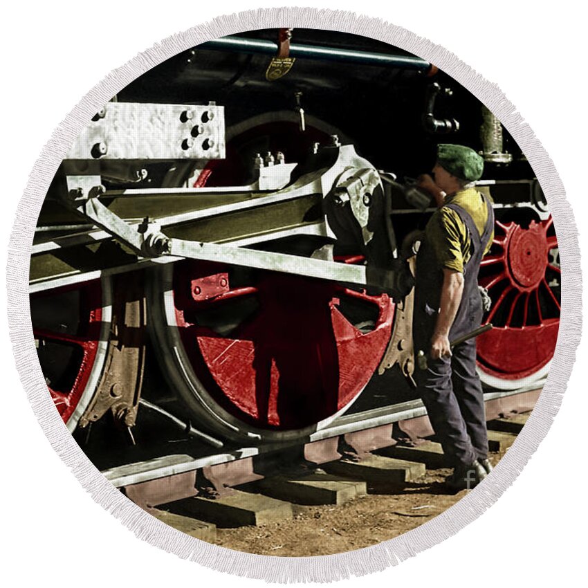 Trains Round Beach Towel featuring the photograph The Mechanic #3 by Franchi Torres