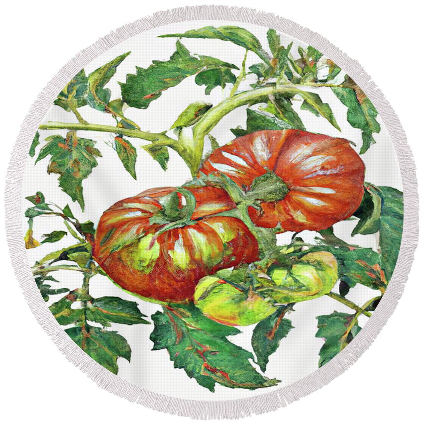 Two Red Tomatoes Round Beach Towel featuring the digital art 2 Tomatoes 2 B by Cathy Anderson