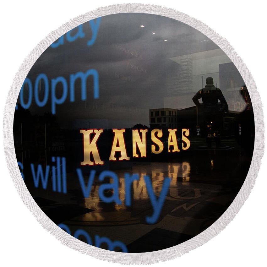 Kansas Jayhawks Round Beach Towel featuring the photograph Kansas Jayhawks window at University of Kansas by Eldon McGraw