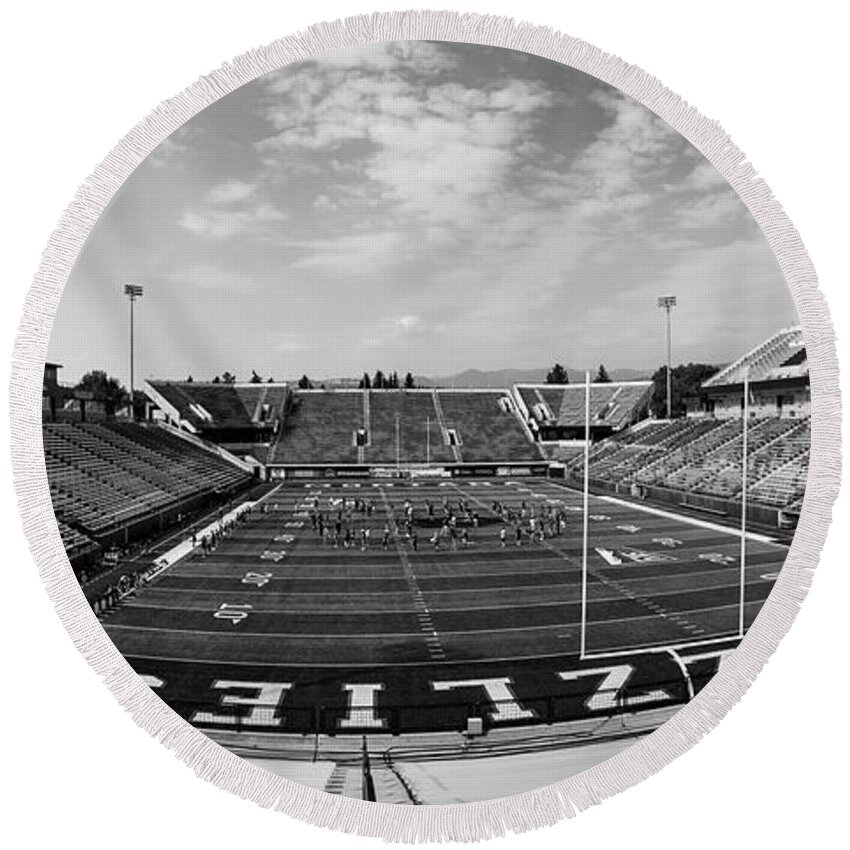 University Of Montana Campus Round Beach Towel featuring the photograph Washington Grizzly Stadium at the University of Montana in black and white #2 by Eldon McGraw