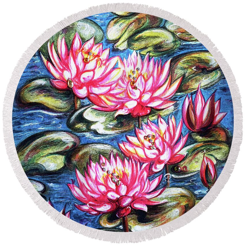 Water Lilies Round Beach Towel featuring the painting Water Lilies #2 by Harsh Malik