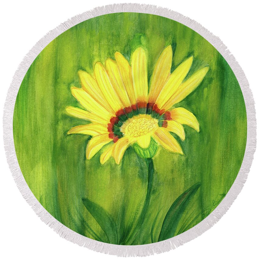 Dorothy Lee Art Round Beach Towel featuring the painting Yellow Gazania Flower #2 by Dorothy Lee