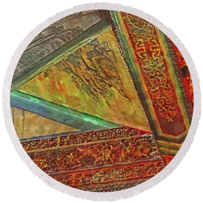 Architecture Round Beach Towel featuring the mixed media 201 Ceiling Decoration Detail, Jade Palace Temple, Pingtung, Taiwan by Richard Neuman Architectural Gifts
