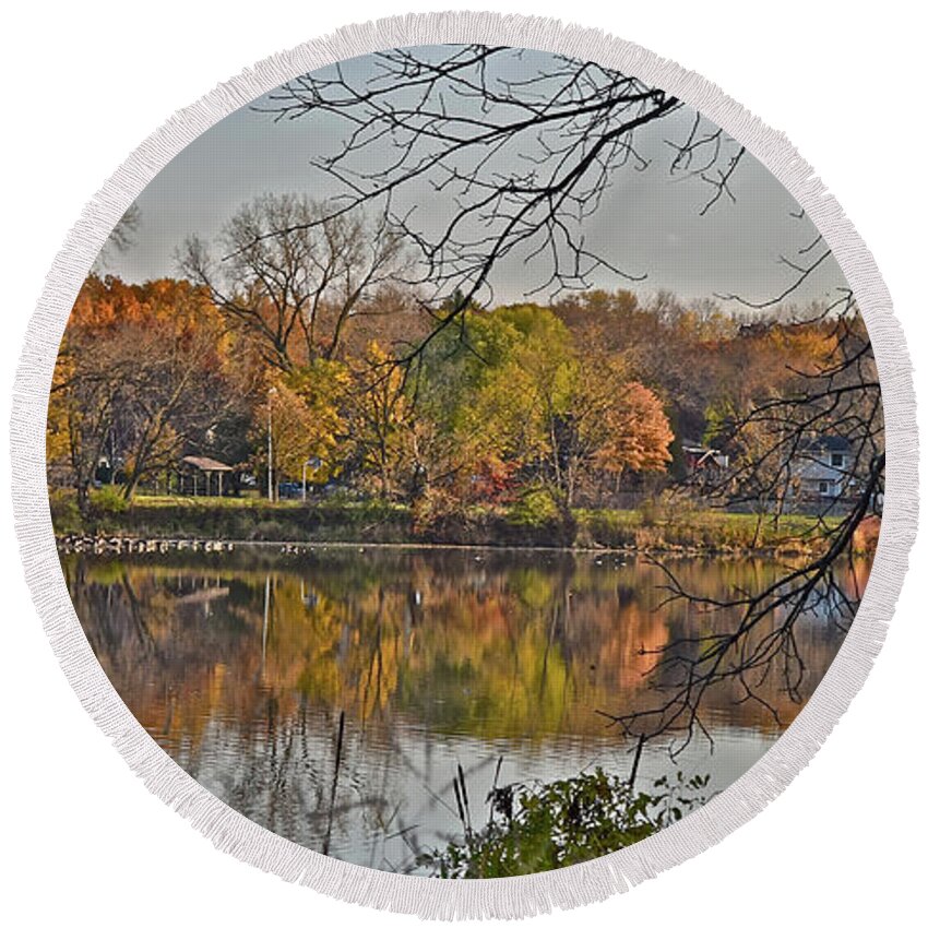 Pond; Autumn; Trees; Geese; Ducks Round Beach Towel featuring the photograph 2021 Acewood Basin 2 by Janis Senungetuk