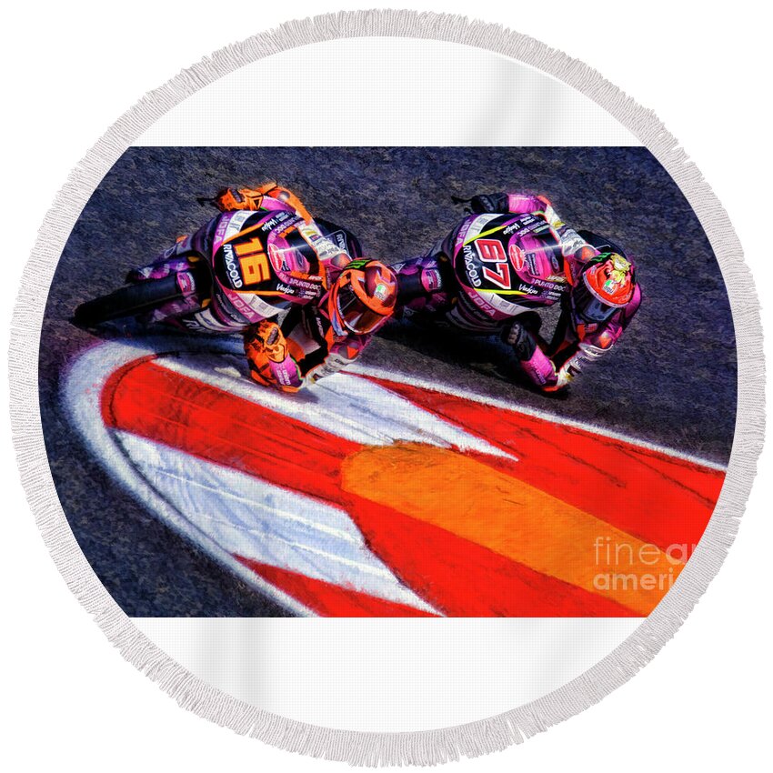  Round Beach Towel featuring the photograph 2021 Moto3 Rivacold Snipers Team Andrea Migno Leads Alberto Surra by Blake Richards