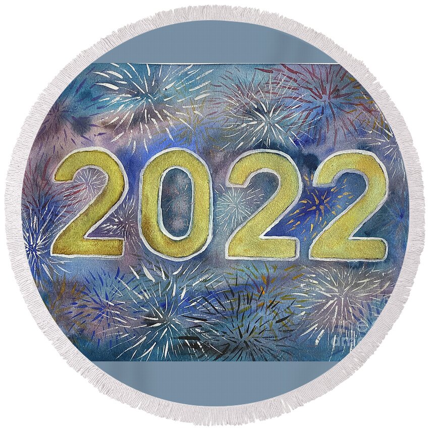 2022 Round Beach Towel featuring the painting 2022 Fireworks by Lisa Neuman