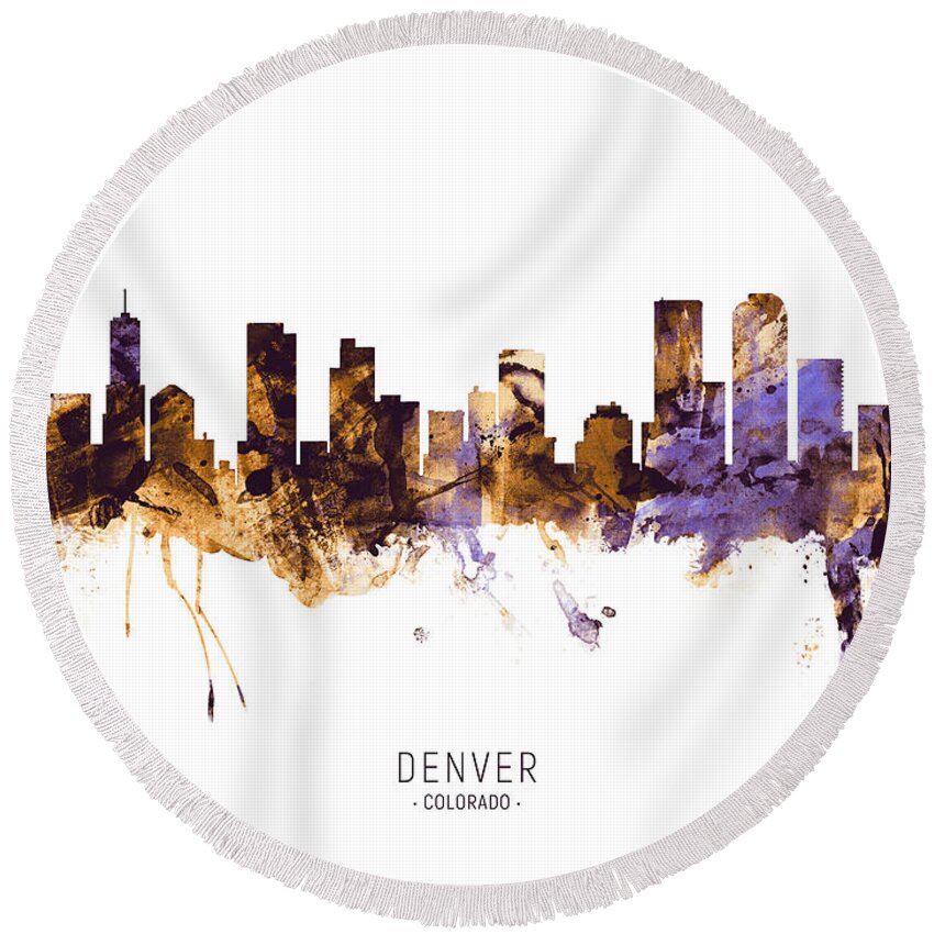 Denver Round Beach Towel featuring the digital art Denver Colorado Skyline #21 by Michael Tompsett