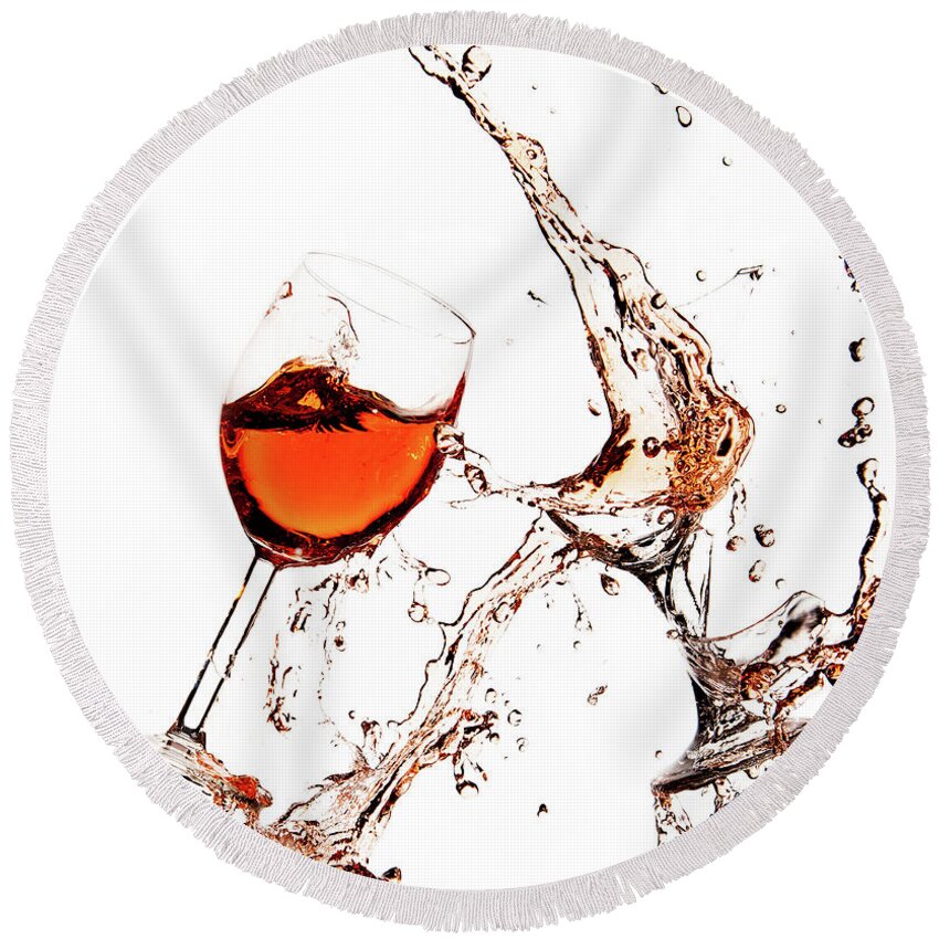 Damaged Round Beach Towel featuring the photograph Broken wine glasses with wine splashes on a white background by Michalakis Ppalis