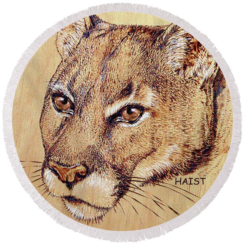 Cougar Round Beach Towel featuring the pyrography Cougar #3 by Ron Haist