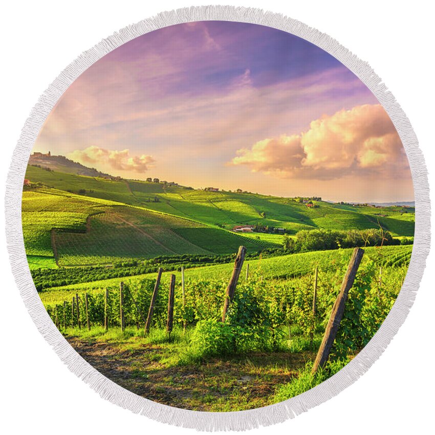 Vineyards Round Beach Towel featuring the photograph Langhe vineyards view, Barolo and La Morra, Piedmont, Italy Euro by Stefano Orazzini