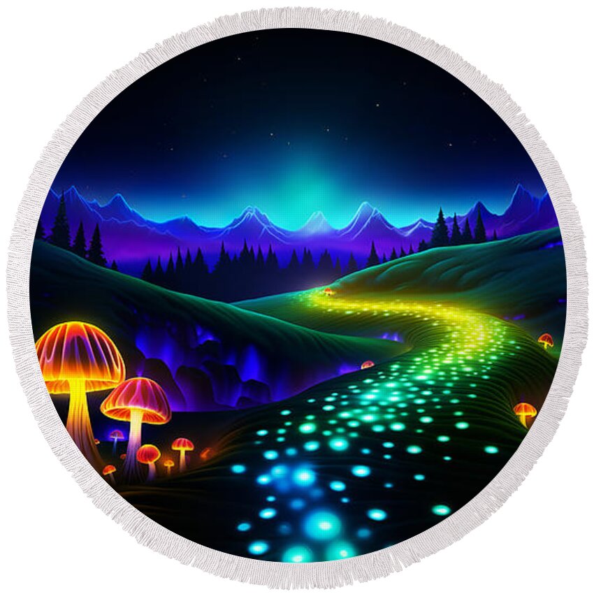 Fireflies Round Beach Towel featuring the digital art Magical fairy tale landscape with many shining mushrooms and glow of fireflies. #3 by Odon Czintos