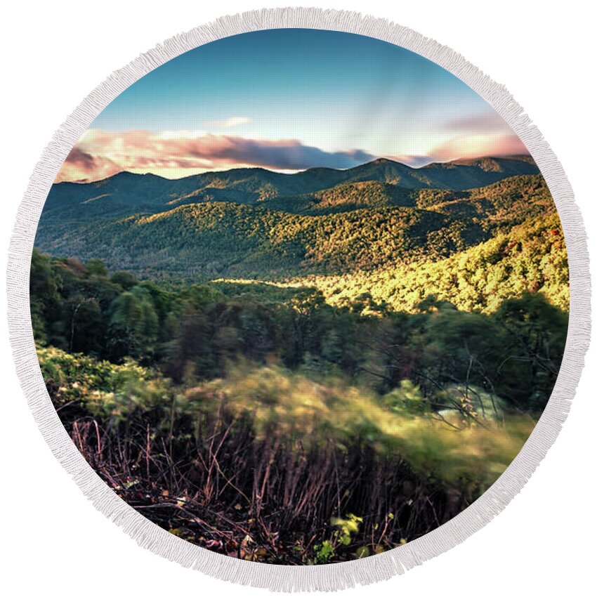 Hill Round Beach Towel featuring the photograph Morning Sunrise Ove Blue Ridge Parkway Mountains #3 by Alex Grichenko