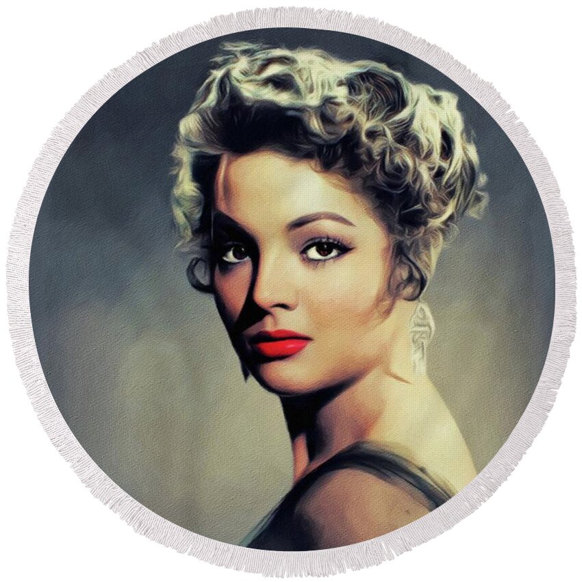 Sara Round Beach Towel featuring the painting Sara Montiel, Vintage Actress #3 by Esoterica Art Agency