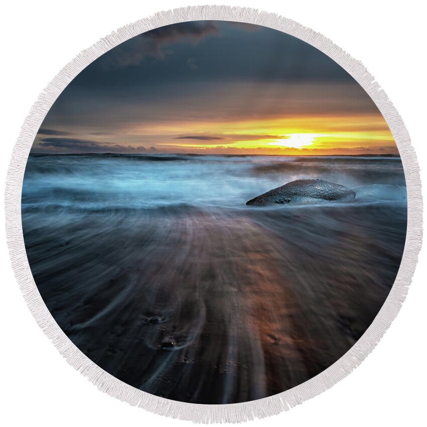 Beach Round Beach Towel featuring the photograph Sunrise on Diamond Beach, Southeast Iceland. by Jane Rix