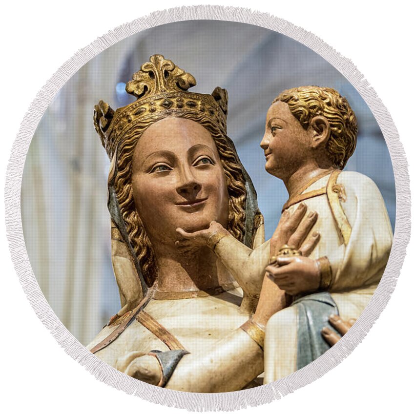 The Virgin Blanca Round Beach Towel featuring the photograph The Virgin Blanca or Smiling Madonna - Toledo Cathedral - Toledo Spain #3 by Jon Berghoff