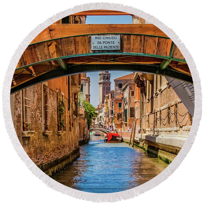 Architecture Round Beach Towel featuring the photograph View up Venice Canal Under Bridges #3 by Darryl Brooks
