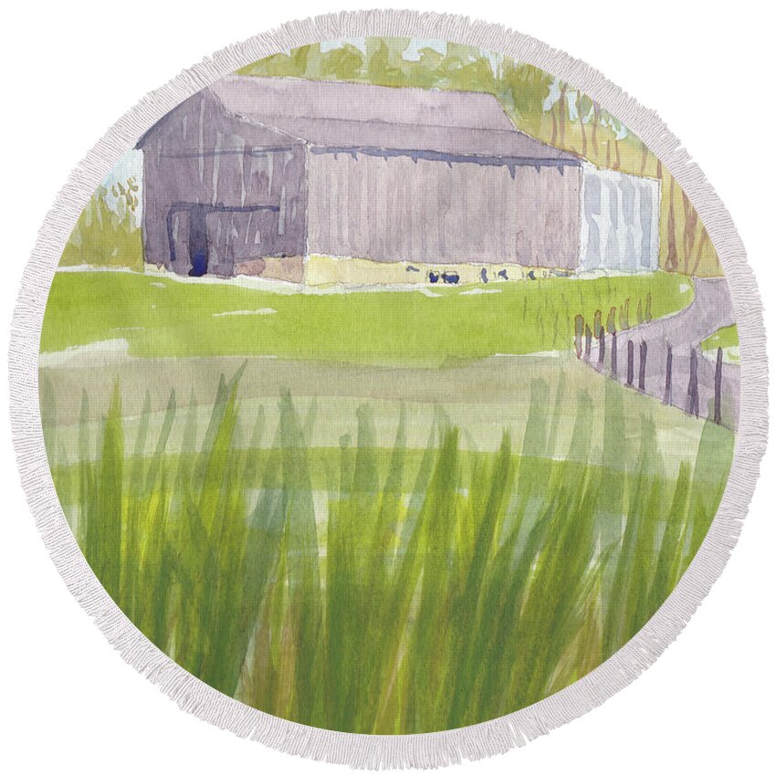 Barn Round Beach Towel featuring the painting Barn at 3171 Davidsonville Rd by Mike Robinson