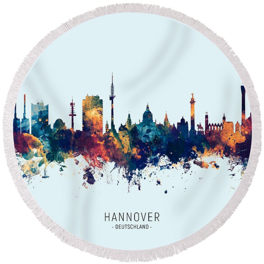 Hannover Round Beach Towel featuring the digital art Hannover Germany Skyline #32 by Michael Tompsett