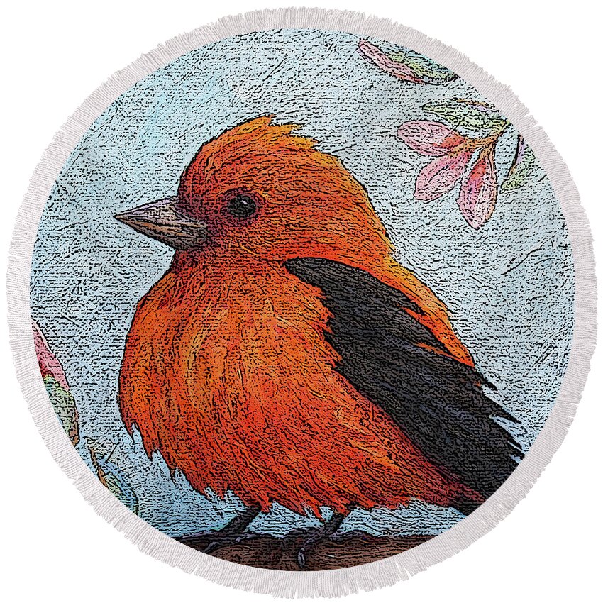 Bird Round Beach Towel featuring the painting 33 Scarlet Tanager by Victoria Page