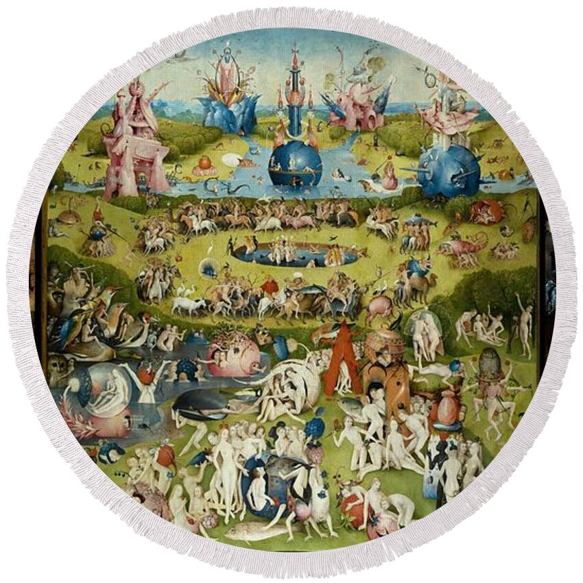 Hieronymus Bosch Round Beach Towel featuring the painting The Garden Of Earthly Delights #1 by Hieronymus Bosch