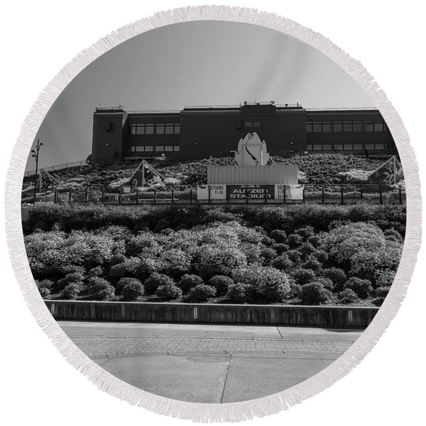 Pac 10 Round Beach Towel featuring the photograph Autzen Stadium at the University of Oregon in black and white by Eldon McGraw