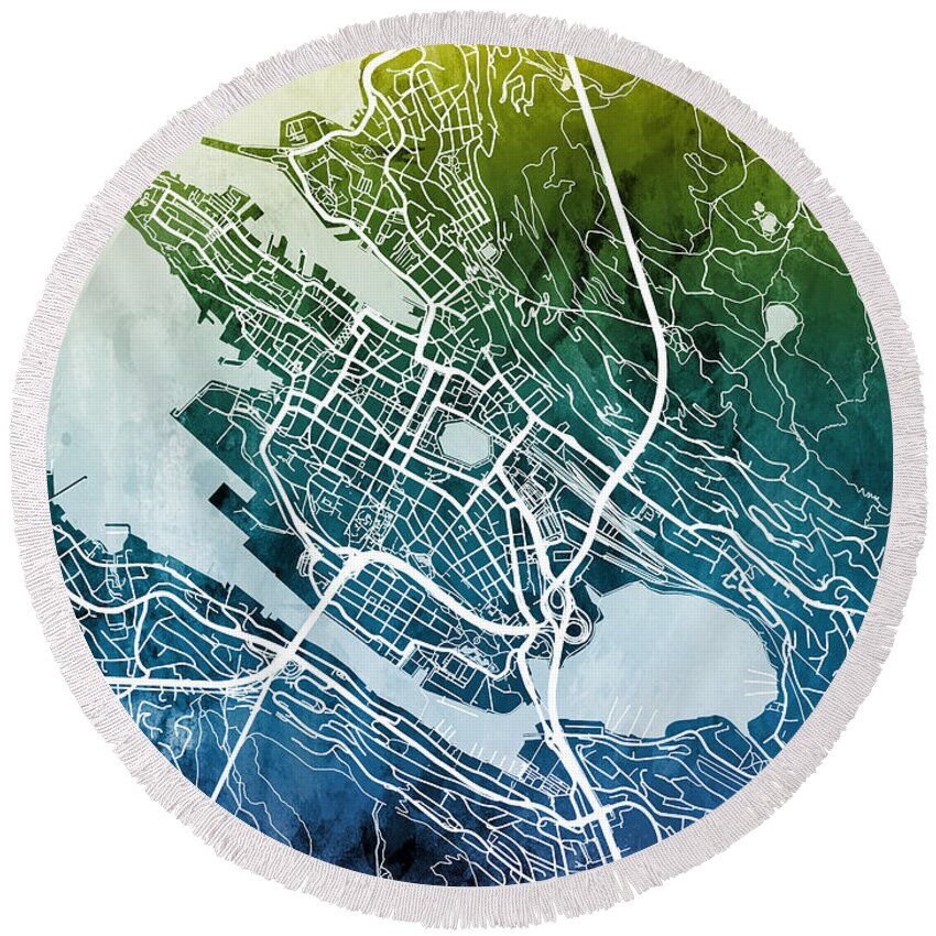 Bergen Round Beach Towel featuring the digital art Bergen Norway City Map by Michael Tompsett